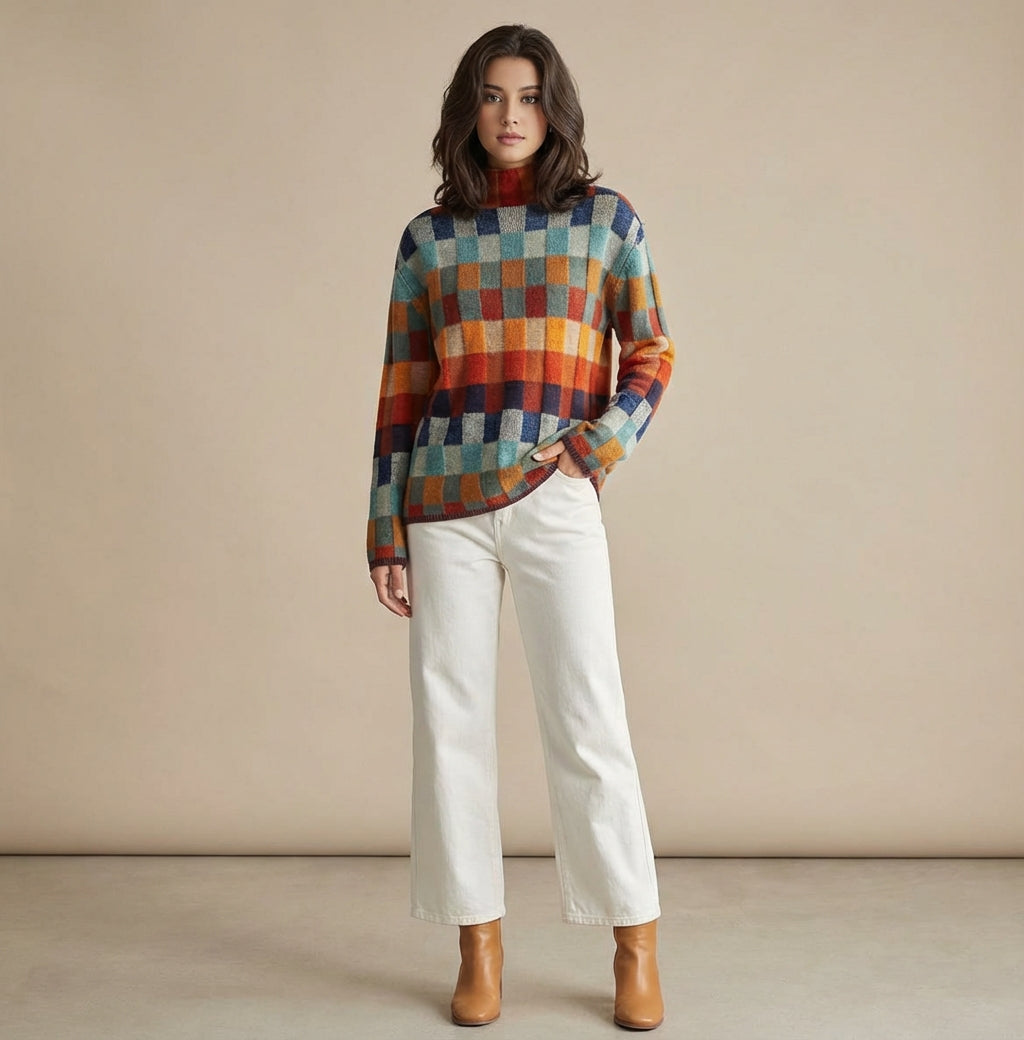 Grazyna - Stylowy Damski sweter w kratkę – Wygodny sweter z okrągłym dekoltem