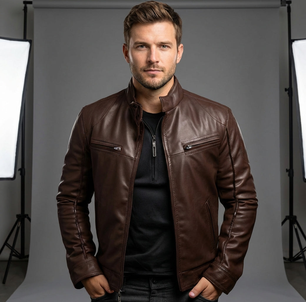 Alex - Męska Kurtka Skórzana ze Stójką Biker Casual