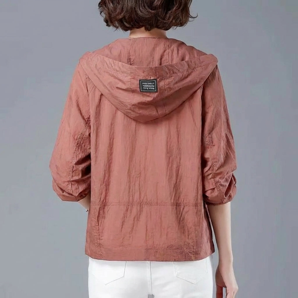 Beatrice - Damska luźna krótka kurtka z kapturem i zamkiem błyskawicznym