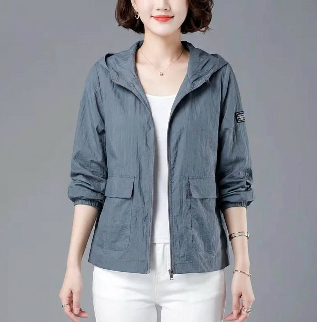 Beatrice - Damska luźna krótka kurtka z kapturem i zamkiem błyskawicznym