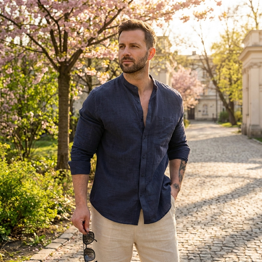 Jerzy - Koszula lniana męska – Lekkie eleganckie ubranie na lato z długim rękawem