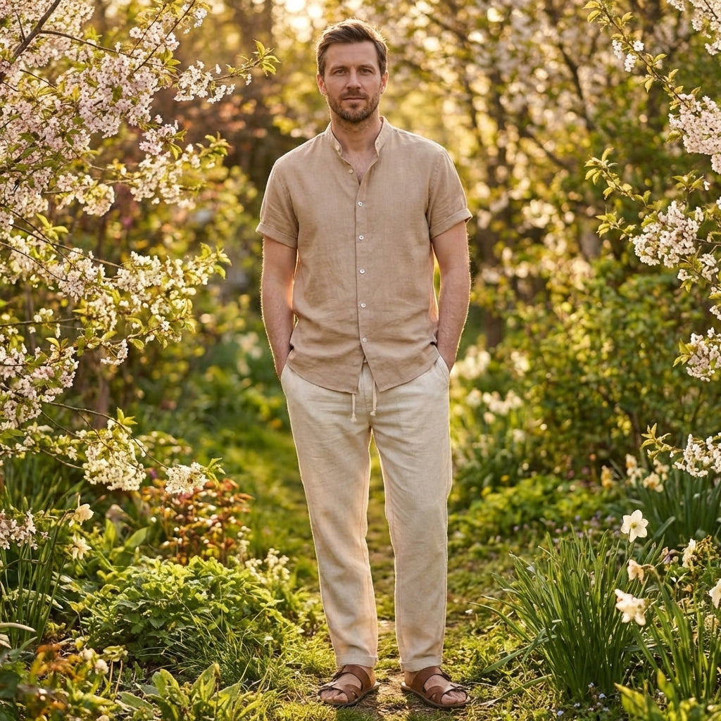 Marcin - Męski lniany komplet – Elegancki zestaw koszuli i spodni na ciepłe dni