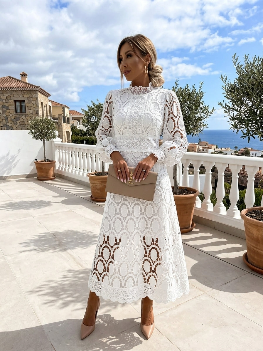 Renata | Sukienka midi na wesele – Elegancka koronkowa sukienka z bufkami