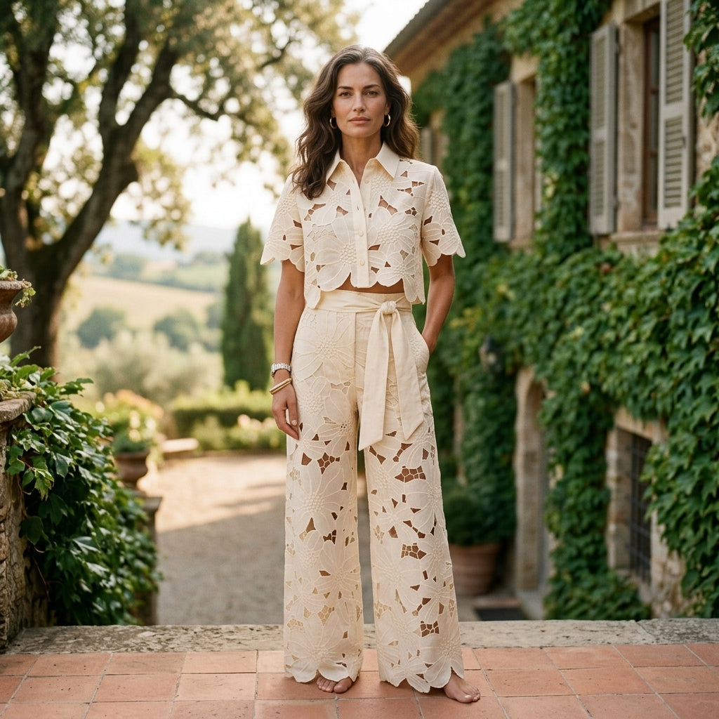 Lena | Elegancki Dres Damski Komplet – Stylowy Zestaw z Ażurowym Wykończeniem