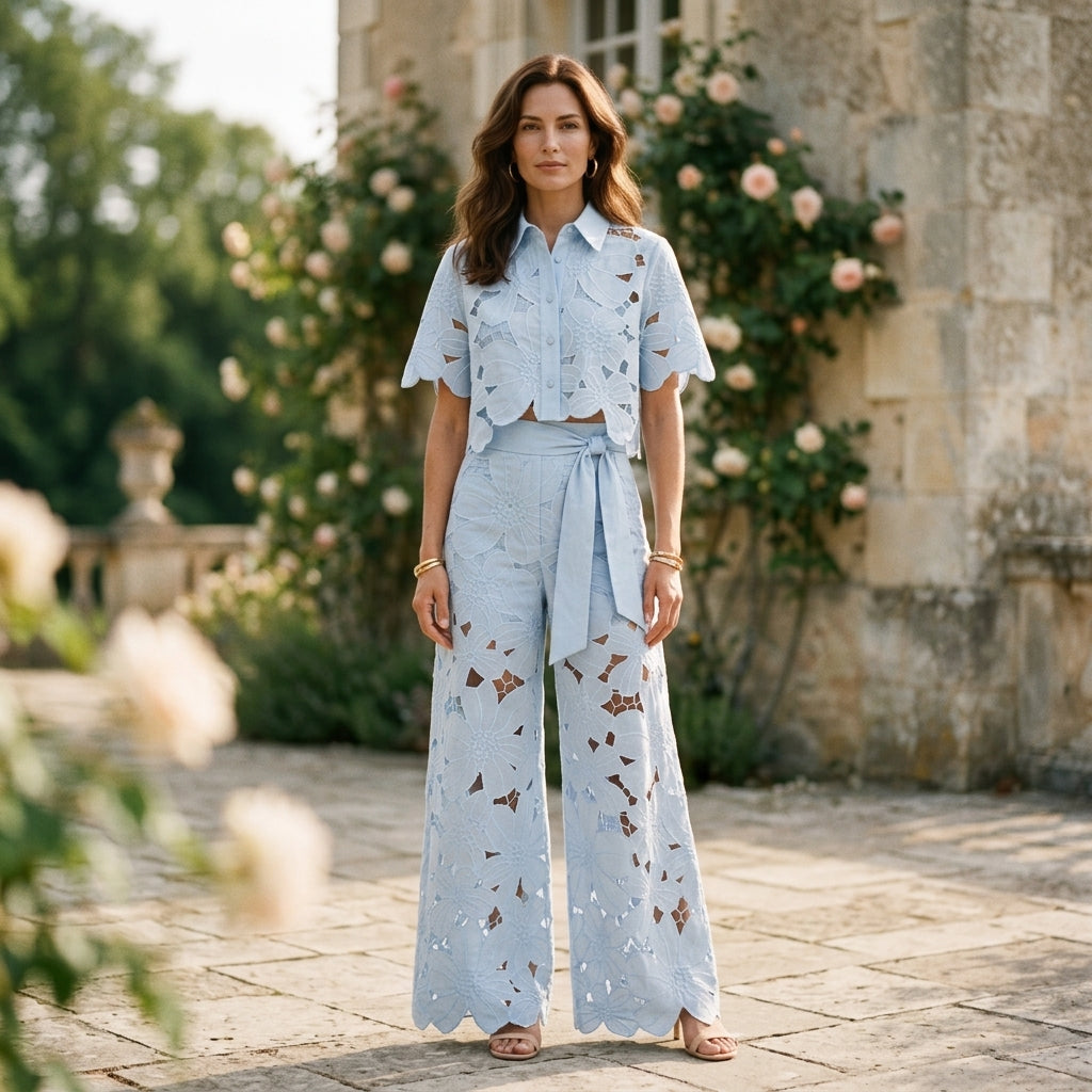 Lena | Elegancki Dres Damski Komplet – Stylowy Zestaw z Ażurowym Wykończeniem
