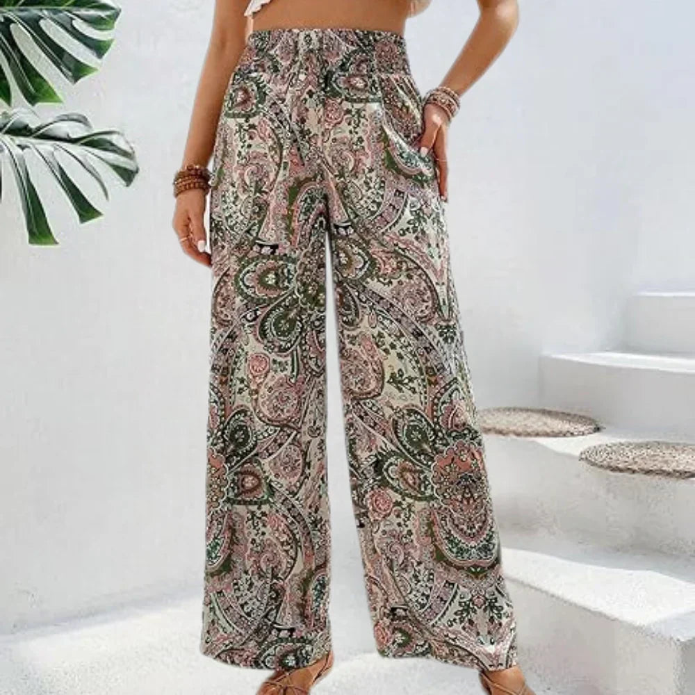 Grażyna | Spodnie boho – Eleganckie spodnie z szerokimi nogawkami w wzór paisley na wiosnę i lato