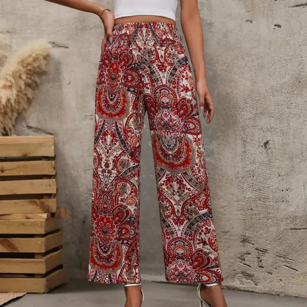 Grażyna | Spodnie boho – Eleganckie spodnie z szerokimi nogawkami w wzór paisley na wiosnę i lato