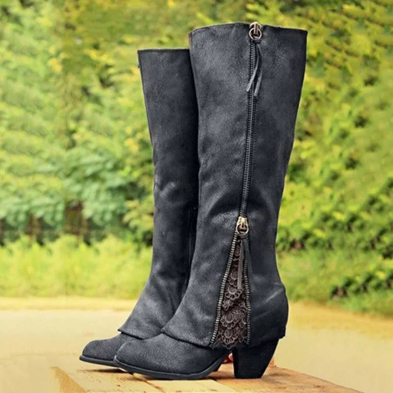 Katarzyna | Kozaki do kolan – Eleganckie buty z zamkiem błyskawicznym i detalami ze sznurowadłami 0