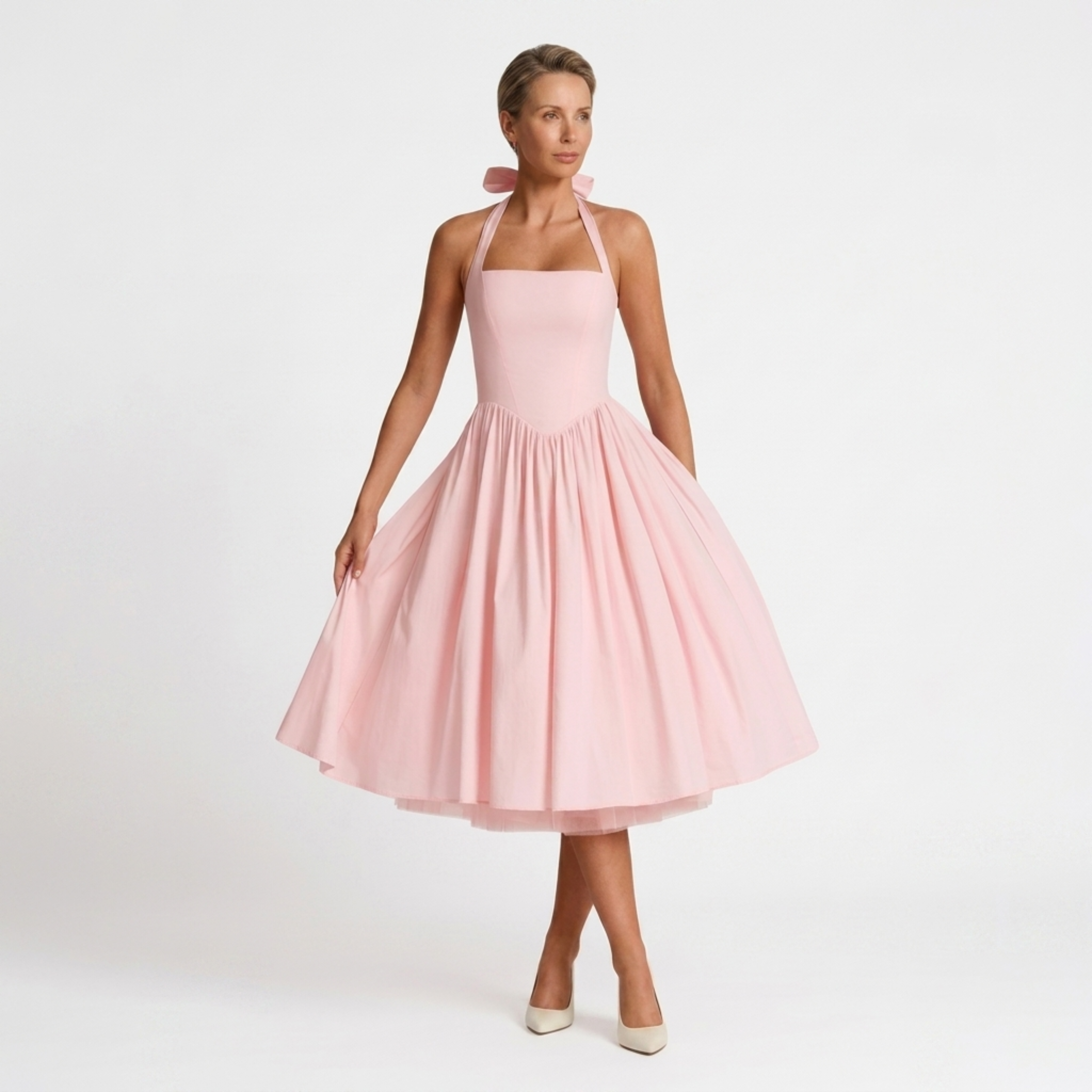 Aneta | Sukienka na wesele – Elegancka sukienka midi z wiązanym dekoltem i pełną spódnicą