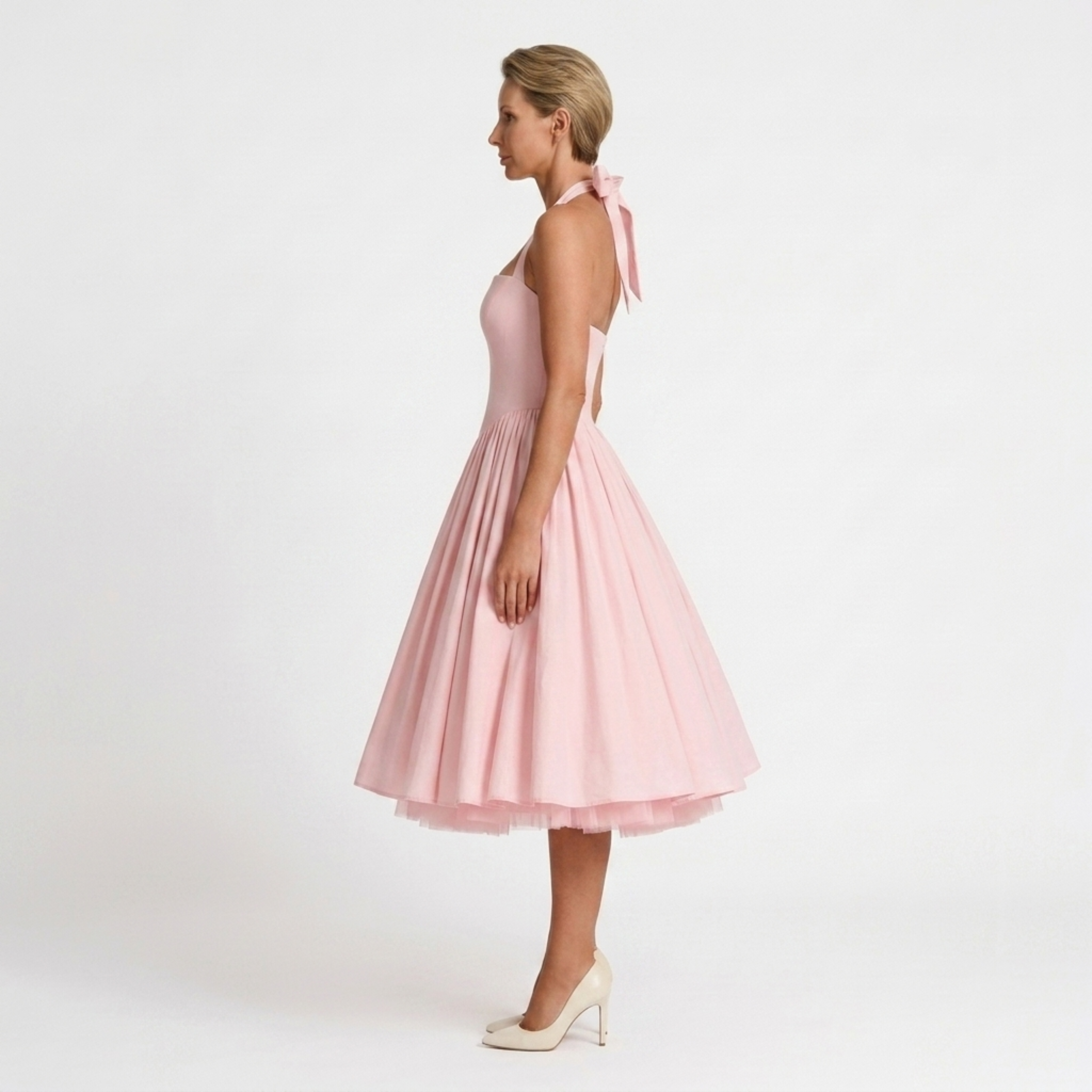 Aneta | Sukienka na wesele – Elegancka sukienka midi z wiązanym dekoltem i pełną spódnicą