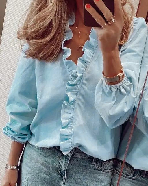 Lena | Bluzka damska z falbanką – Elegancka bluzka z długim rękawem w dekoltem w serek 0