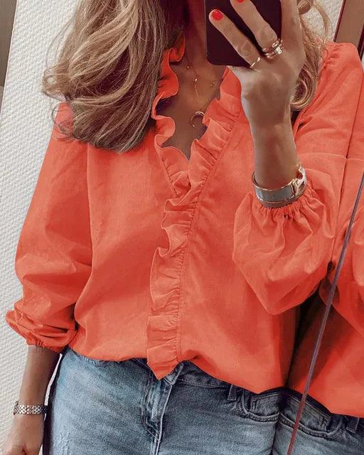 Lena | Bluzka damska z falbanką – Elegancka bluzka z długim rękawem w dekoltem w serek 8