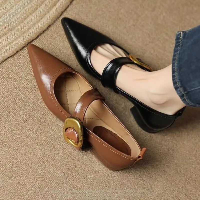 Lena | Skórzane buty damskie Mary Jane na słupku ze złotą klamrą