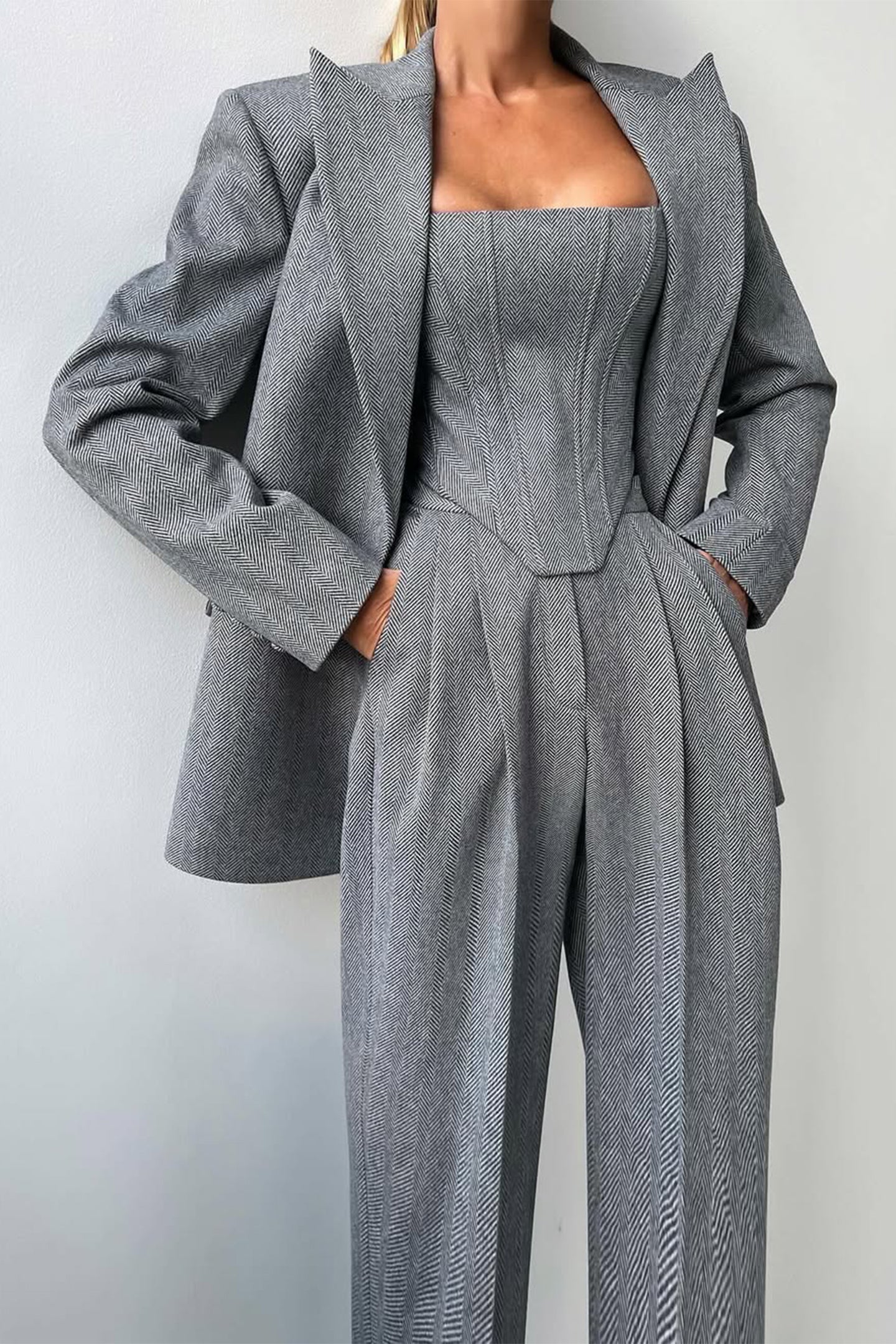 Lisa | Garnitur Damski Komplet – Elegancka Marynarka Gorsetowy Top Szerokie Nogawki