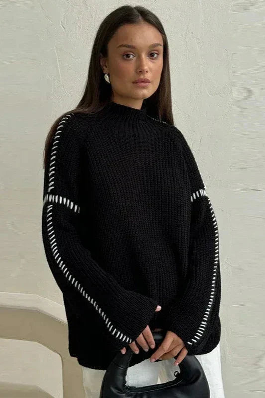Damski Sweter Dzianinowy ze Szwami Ozdobnymi