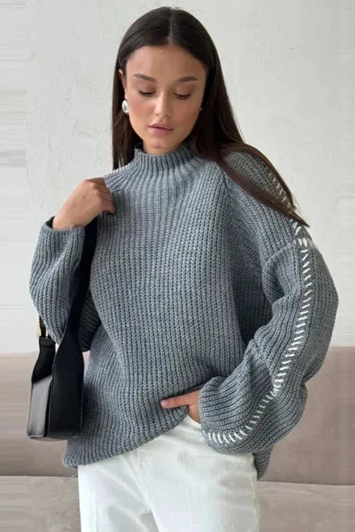 Damski Sweter Dzianinowy ze Szwami Ozdobnymi