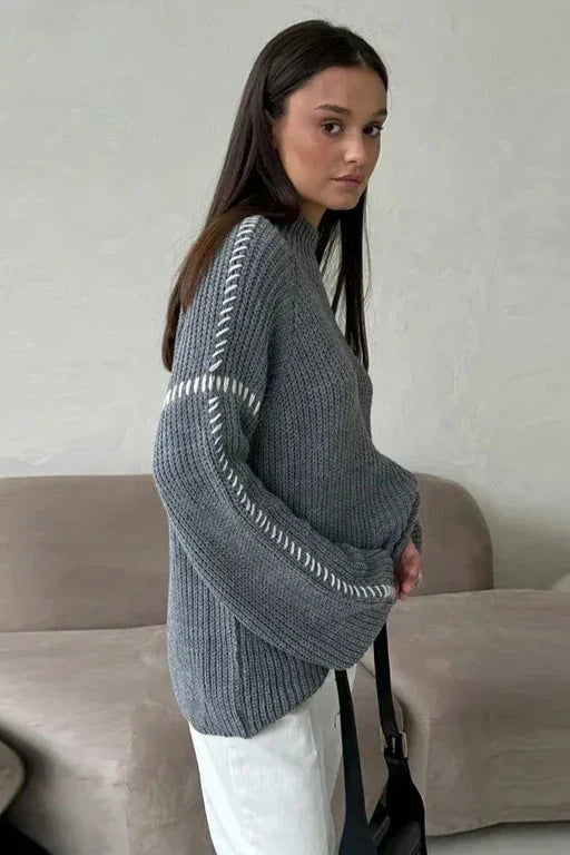Damski Sweter Dzianinowy ze Szwami Ozdobnymi