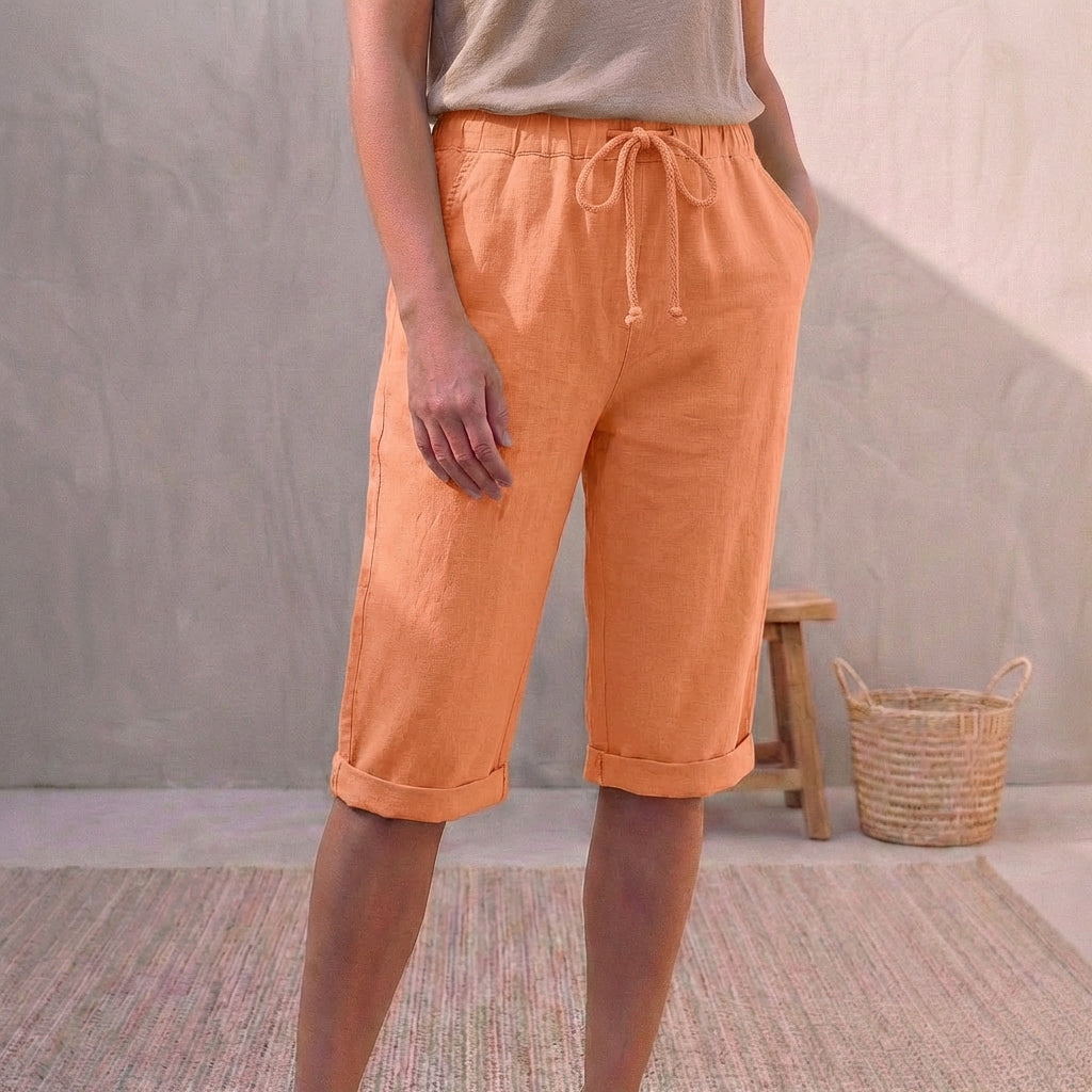 Lniane | Spodnie letnie damskie – Eleganckie spodnie capri z regulowaną talią 1