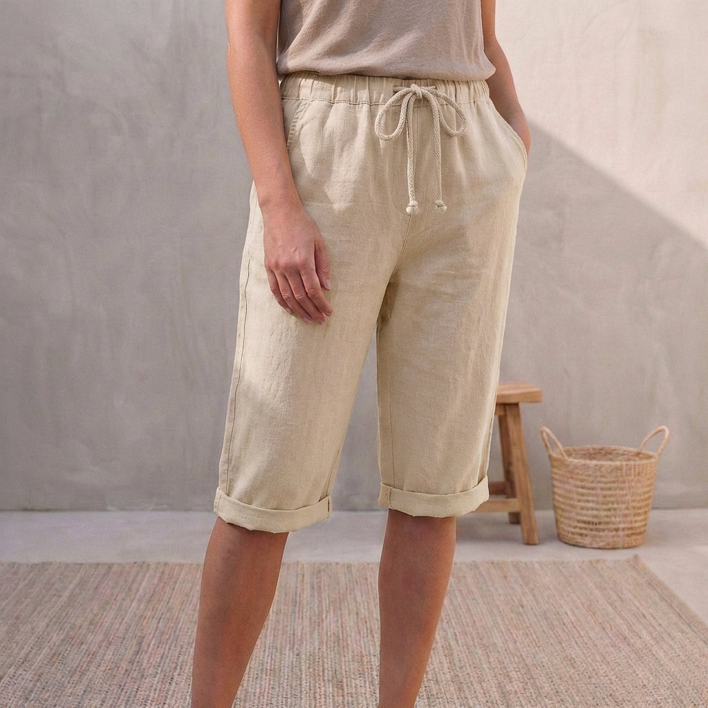 Lniane | Spodnie letnie damskie – Eleganckie spodnie capri z regulowaną talią 4