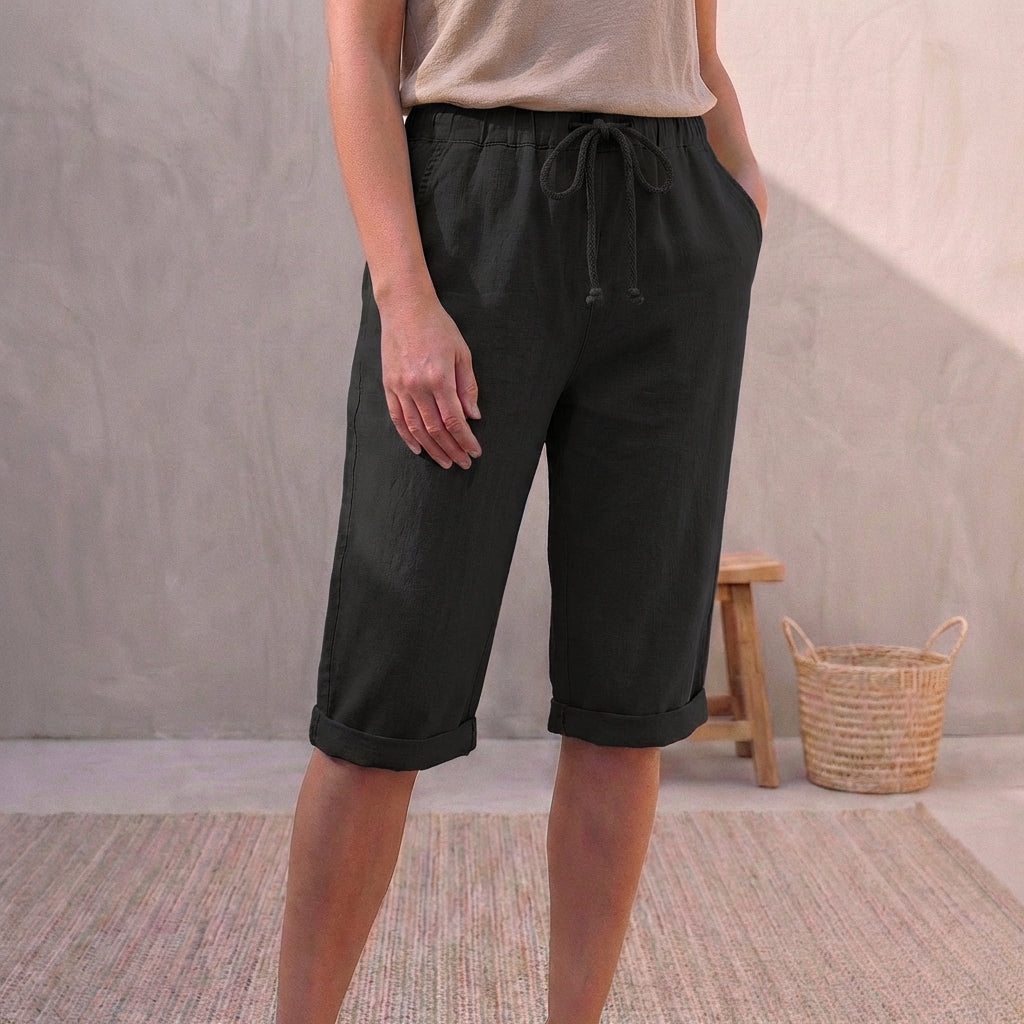 Lniane | Spodnie letnie damskie – Eleganckie spodnie capri z regulowaną talią 7