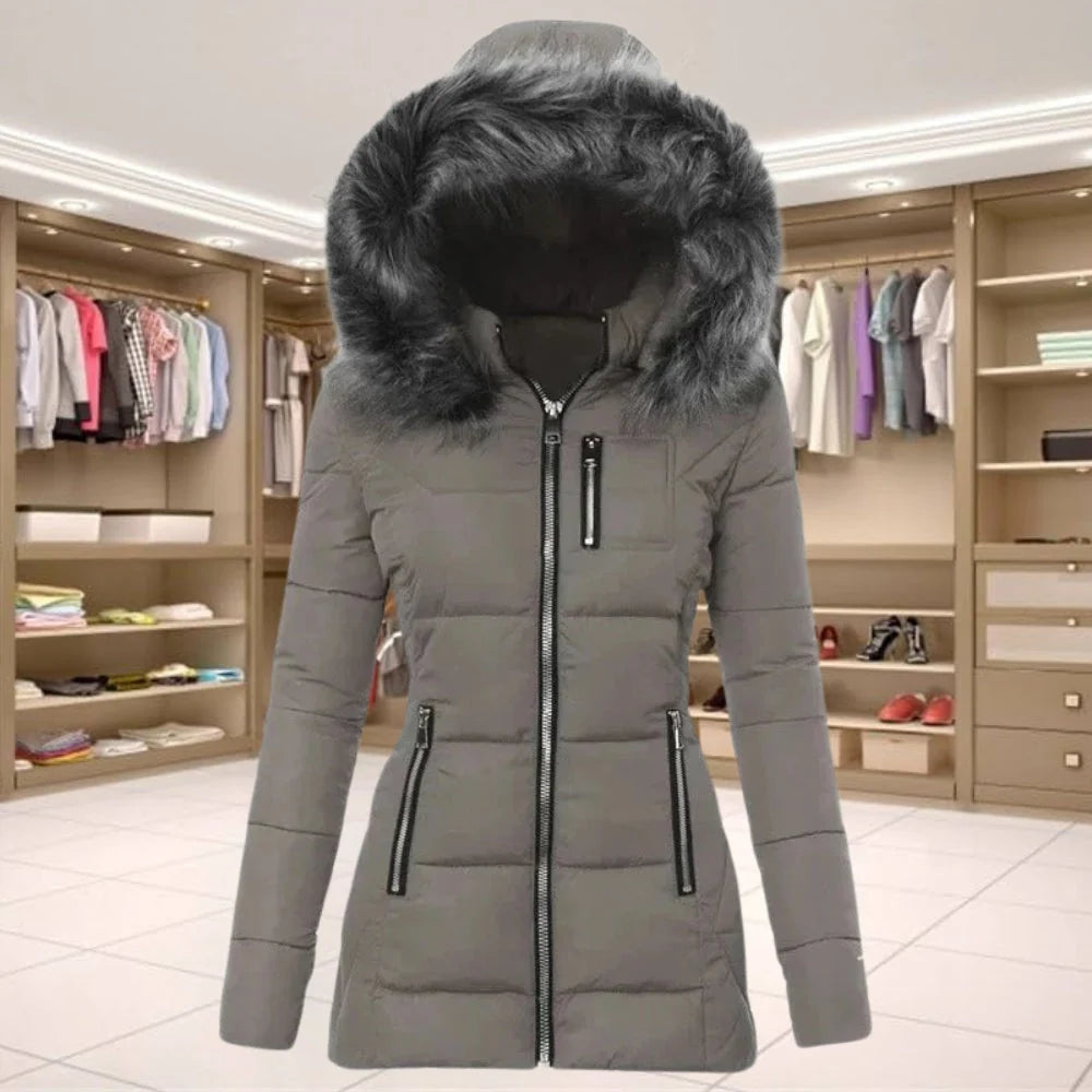 Elegancka Taliowana Kurtka Puchowa Damska Zimowa z Futrzanym Kapturem