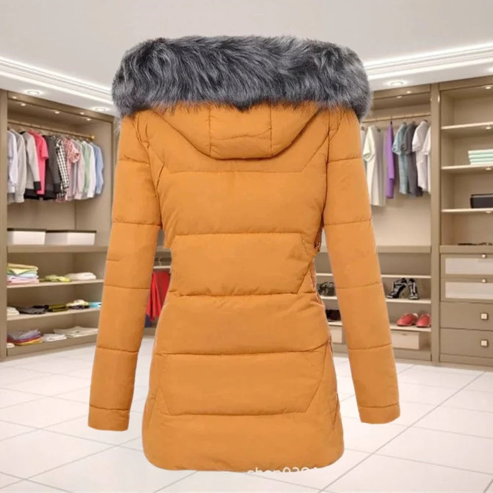 Elegancka Taliowana Kurtka Puchowa Damska Zimowa z Futrzanym Kapturem
