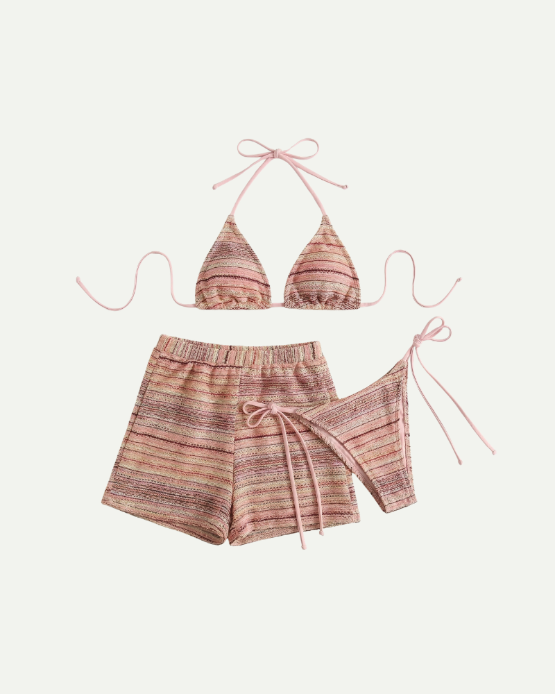 Sandy | Zestaw bikini na lato – Stylowy, trzyczęściowy zestaw w paski z szortami i regulowanym wiązaniem