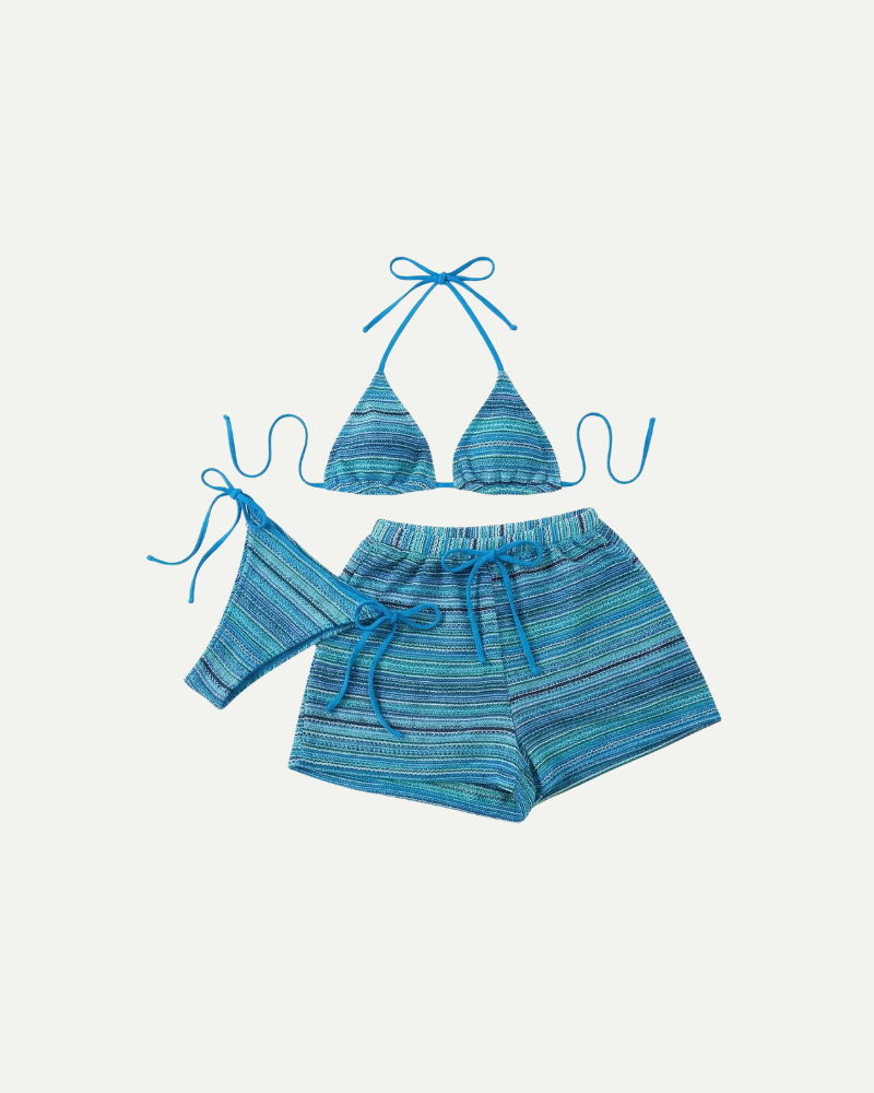 Sandy | Zestaw bikini na lato – Stylowy, trzyczęściowy zestaw w paski z szortami i regulowanym wiązaniem