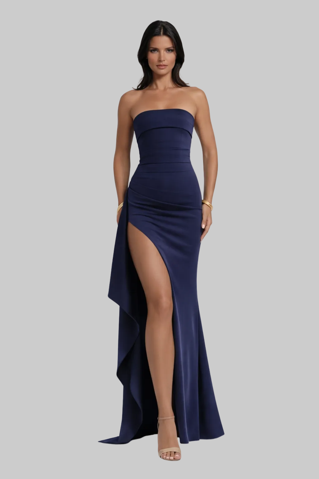Zafira | Sukienka maxi na wesele – Elegancka czarna sukienka maxi bez ramiączek z rozcięciem